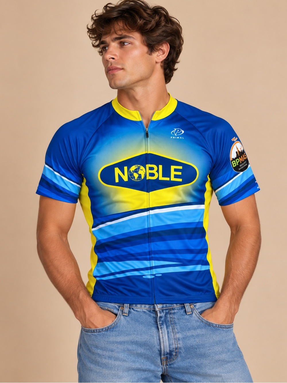 Primal Noble Cycling Jersey Blue Yellow Short Sleeve L